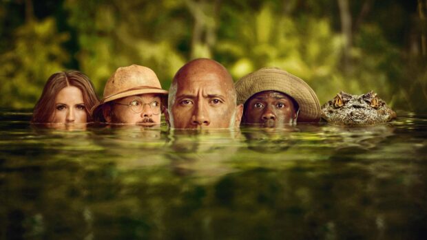 The main characters of Jumanji The Next Level are shown peeking out of the water, HD Desktop Wallpaper