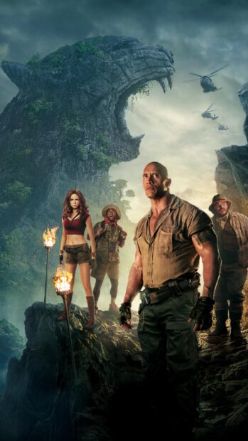 The Jumanji The Next Level characters prepare for a daring adventure in a jungle setting, 2K Phone Wallpaper
