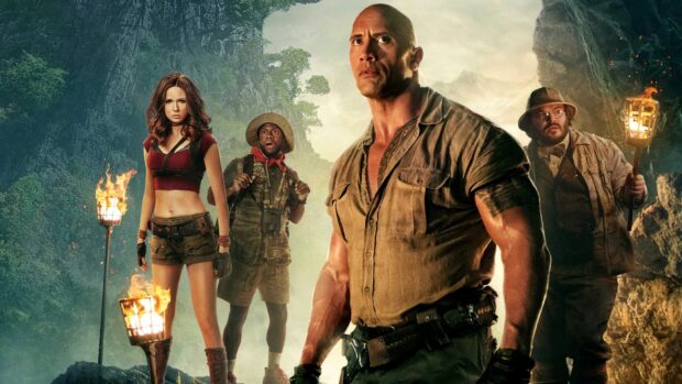 The main characters from Jumanji The Next Level stand ready in a dense jungle setting, HD Desktop Wallpaper
