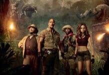 The Jumanji The Next Level wallpapers feature the main characters standing ready in a jungle setting, HD Desktop Wallpaper