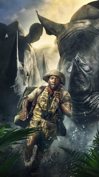 A man is running from charging rhinos in Jumanji The Next Level wallpapers, 2K Phone Wallpaper