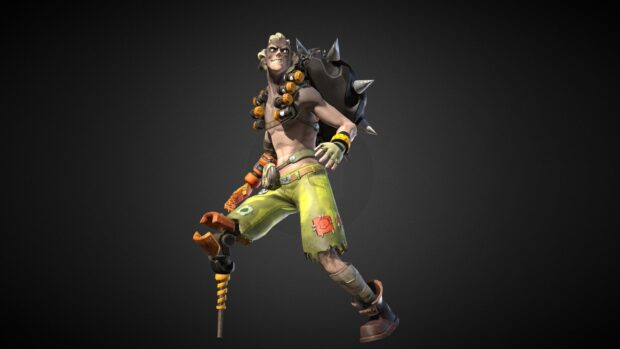 Junkrat is shown in dynamic pose wearing torn shorts and carrying explosives, HD Desktop Wallpaper