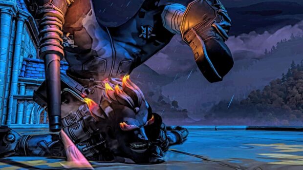 Junkrat is shown in a dynamic combat position under the rain at night, HD Desktop Wallpaper