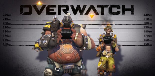 Junkrat and Roadhog from Overwatch stand in front of height chart holding mugshots, 2K Desktop Wallpaper