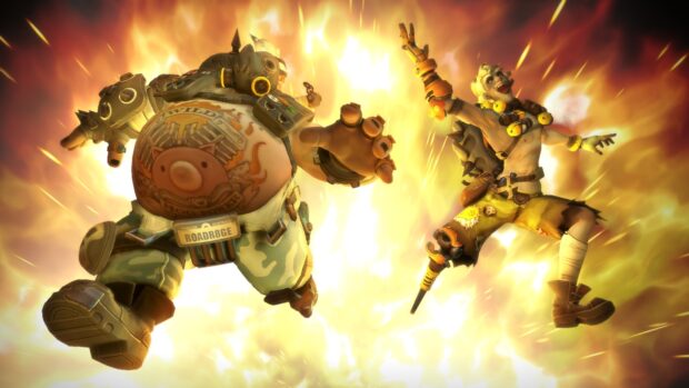 Junkrat and Roadhog are engaged in an explosive battle with flames in the background, HD Desktop Wallpaper