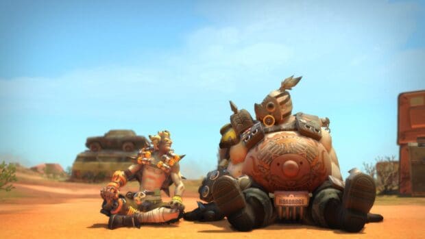 Junkrat and Roadhog sit together in a sunny desert landscape, HD Desktop Wallpaper