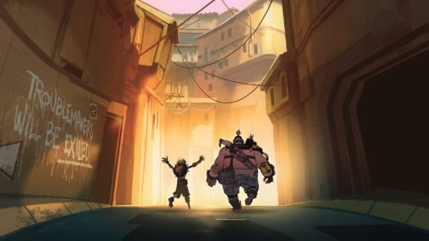 Junkrat Wallpapers depict the characters running through a sunlit urban alley, HD Desktop Wallpaper