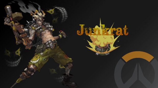 Junkrat character holding a large grenade launcher and smiling with an explosion behind, HD Desktop Wallpaper