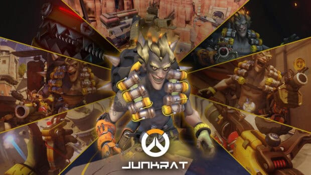 Junkrat character in dynamic action scenes from Overwatch game, HD Desktop Wallpaper