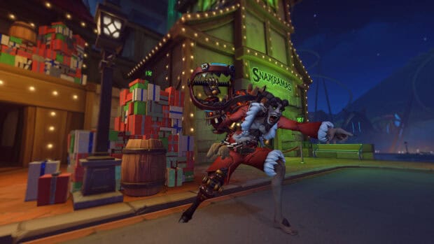 Junkrat character wearing a Santa costume holding a weapon during a night event, HD Desktop Wallpaper