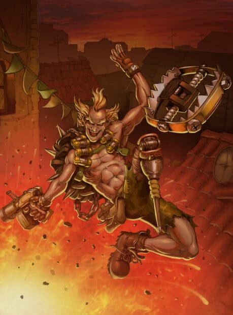 Junkrat leaps through fire with a wild expression and mechanical trap, HD Mobile Wallpaper