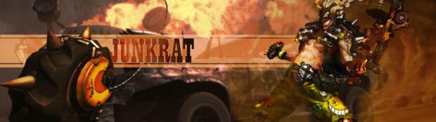 Junkrat is shown holding his grenade launcher in an intense fiery scene, 4K Desktop Wallpaper