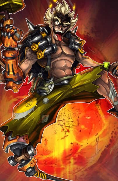 Junkrat is shown with a wild expression and explosive gear in the fiery background, 2K Mobile Wallpaper