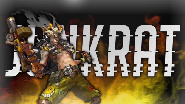 Junkrat is holding a grenade launcher with fiery background effects, HD Desktop Wallpaper