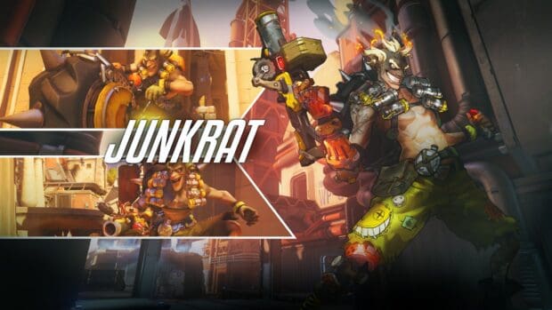 Junkrat is a chaotic character holding a grenade launcher in an industrial environment, 2K Desktop Wallpaper