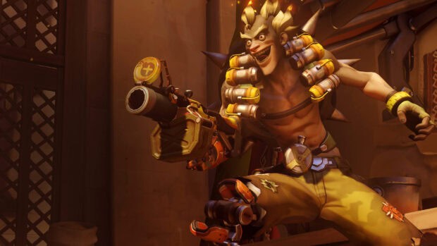 Junkrat is aiming his grenade launcher in an intense battle scene, HD Desktop Wallpaper