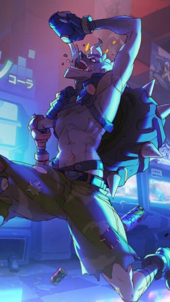 Junkrat is drinking from a bottle with a spiked tire on his back in a neon lit arcade room, HD Mobile Wallpaper