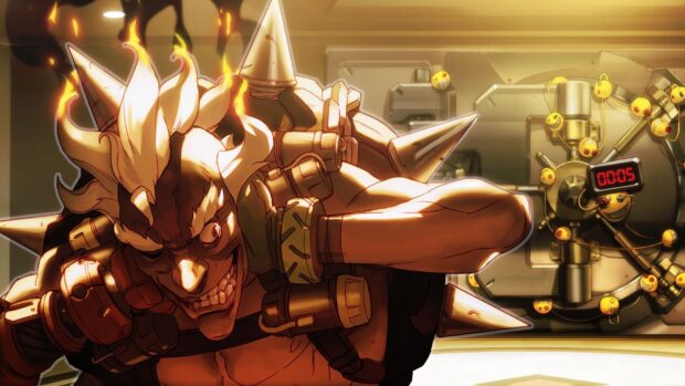 Junkrat is shown with a fiery expression and spiked armor near a bomb, HD Desktop Wallpaper