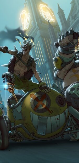 Junkrat riding his explosive cart with a clock tower glowing in the background, 2K Phone Wallpaper