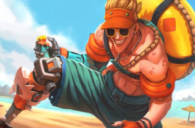 Junkrat wears sunglasses and a visor on a sunny beach, HD Desktop Wallpaper