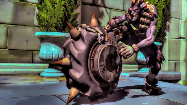 Junkrat is preparing to launch a spiked explosive mine in a game scene, HD Desktop Wallpaper