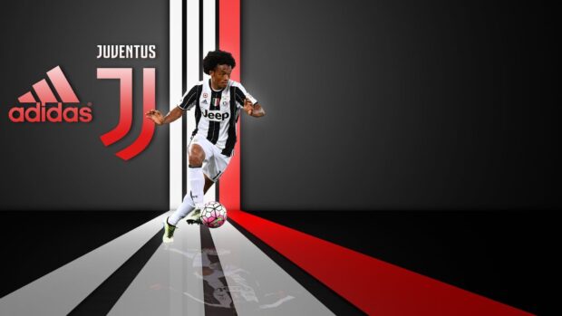 A Juventus Football Club player in uniform controlling the ball on stylized black red and white stripes, HD Desktop Wallpaper