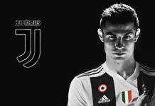 A Juventus Football Club player poses with the team logo in a black and white design, HD Desktop Wallpaper