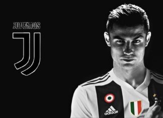 A Juventus Football Club player poses with the team logo in a black and white design, HD Desktop Wallpaper