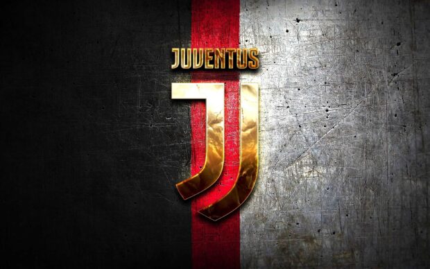 The Juventus emblem shines in gold over a scratched steel and red striped background, 2K Desktop Wallpaper