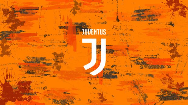 Juventus logo displayed on an abstract orange textured background, 2K Desktop Wallpaper