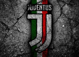 The Juventus logo is displayed on a cracked concrete background with Italian flag colors, HD Desktop Wallpaper