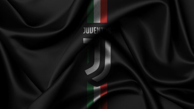 The Juventus logo is displayed on a black fabric with Italian flag stripes in the center, 4K Desktop Wallpaper