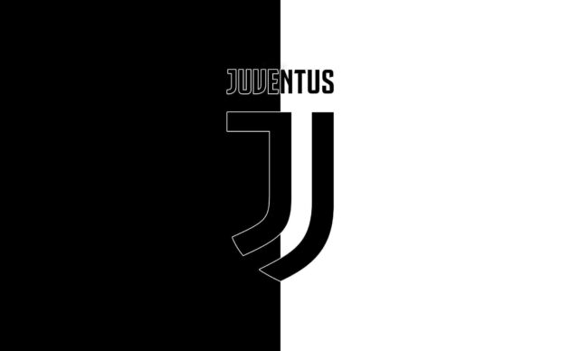 The Juventus logo is shown with a black and white split background representing the football team, HD Desktop Wallpaper