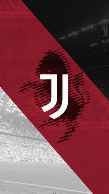 The Juventus logo is displayed over a red and black background with a stadium scene, 2K Phone Wallpaper
