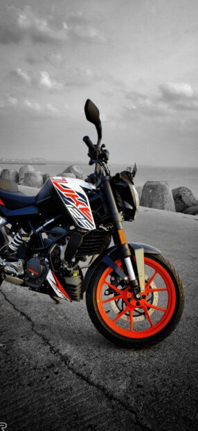 A KTM Duke 125 street bike with orange wheels parked near a seaside breakwater, HD Phone Wallpaper