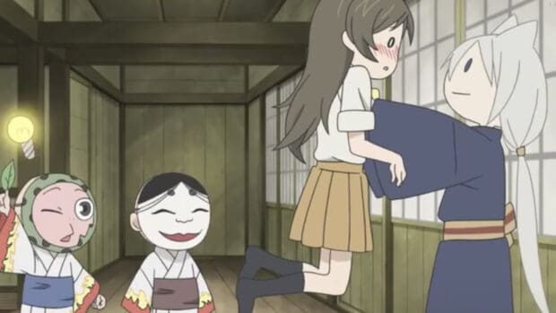 Kamisama Wallpapers show a touching scene between characters inside a wooden room, HD Desktop Wallpaper
