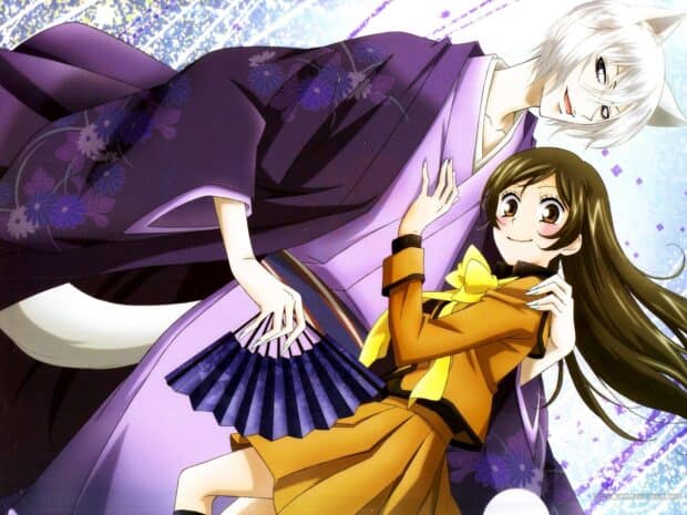 A boy with fox ears embraces a cheerful girl holding a fan in Kamisama Wallpapers, HD Desktop Wallpaper