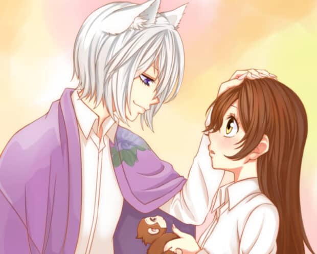 A gentle moment between two characters in Kamisama wallpapers showing care and affection, HD PC Wallpaper