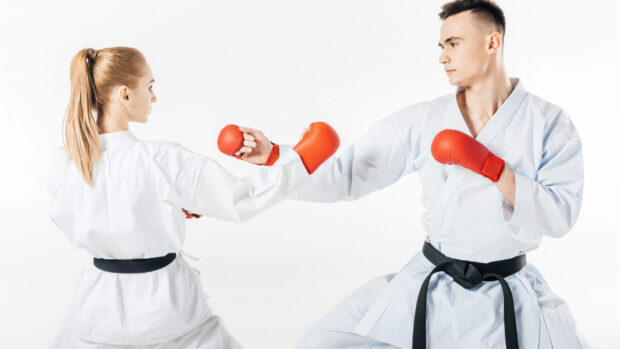 Two karate practitioners spar with red gloves and black belts, HD Desktop Wallpaper