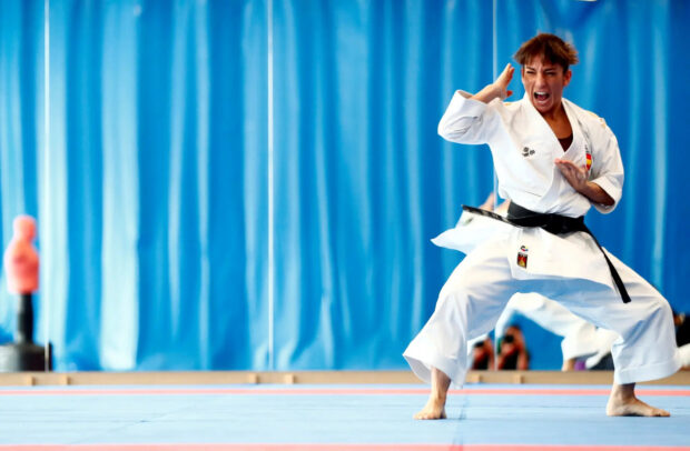 A karate expert performs a powerful stance during a martial arts event, HD Desktop Wallpaper