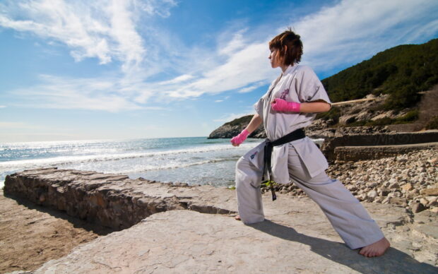 A person in karate stance by the rocky shore with blue sky, HD Desktop Wallpaper