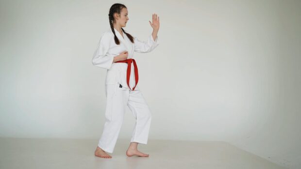 A woman wearing a red belt is practicing a karate stance indoors with focus, HD Desktop Wallpaper