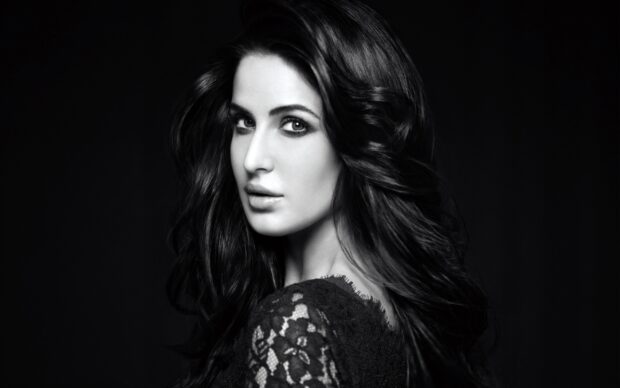 Katrina Kaif is captured in a black and white portrait wearing a lace dress, 2K Desktop Wallpaper