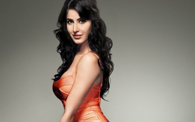 Katrina Kaif wears an orange dress posing against a plain gray background, 2K Desktop Wallpaper