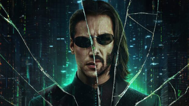 Keanu Reeves' split face digital art with cracked glass effect shown in a futuristic setting featuring Warner Bros Wallpapers, 4K Desktop Wallpaper