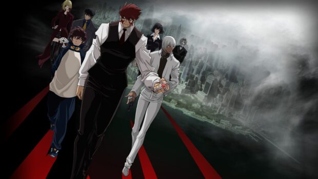 The main cast of Kekkai Sensen walks determinedly with a dark cityscape in the background, Kekkai Sensen Wallpapers, HD Desktop Wallpaper