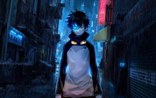 The character from Kekkai Sensen stands in a neon lit alley during rain, Kekkai Sensen HD Desktop Wallpaper