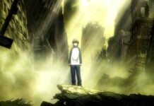 A Kekkai Sensen character stands on rubble in a devastated city filled with smoke and ruins, HD Desktop Wallpaper