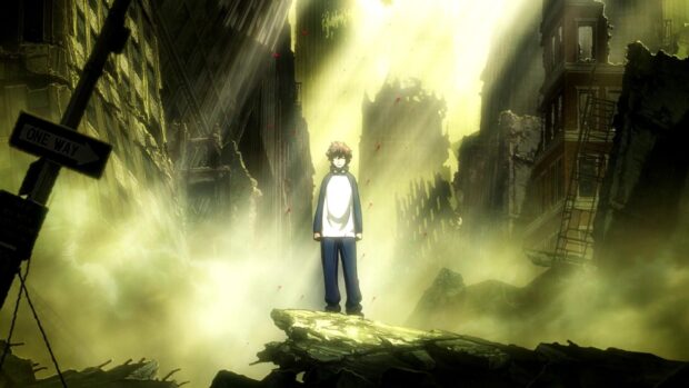 A Kekkai Sensen character stands on rubble in a devastated city filled with smoke and ruins, HD Desktop Wallpaper