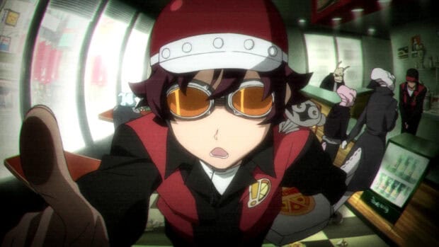 A character wearing orange goggles reaches out in a lively Kekkai Sensen scene, HD Desktop Wallpaper